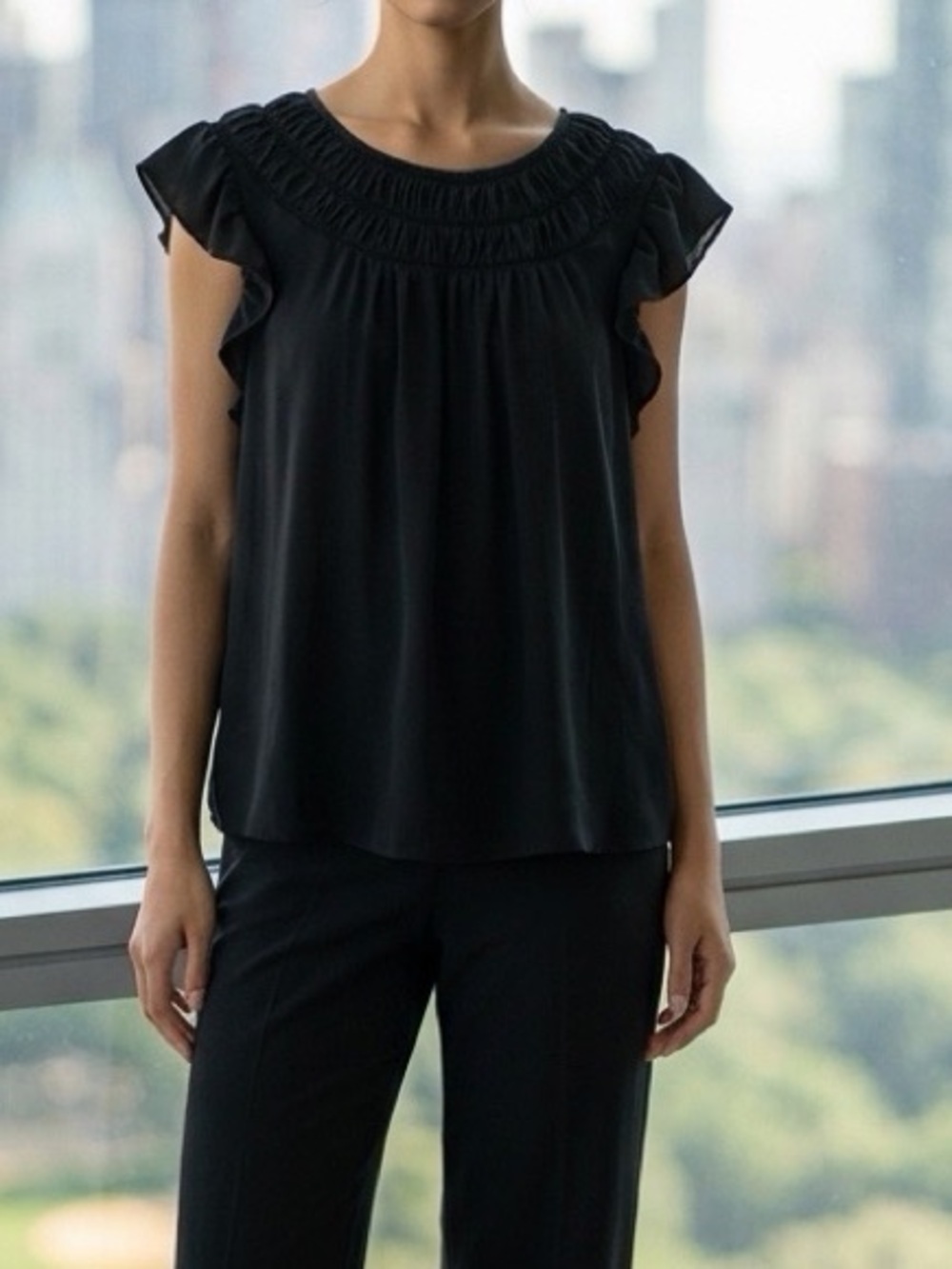 LOFT Black Ruffle Yoke Blouse Size M